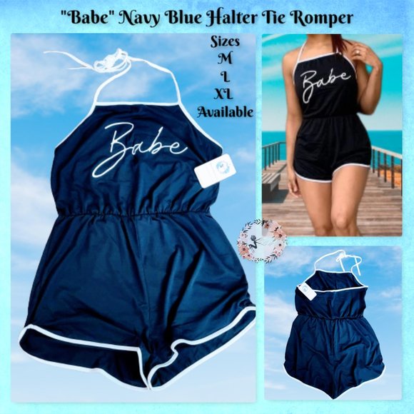 The MBM Boutique Pants - 🆕Babe Graphic Halter Tie Romper. Navy Blue & White Trim. Sizes M, L, XL